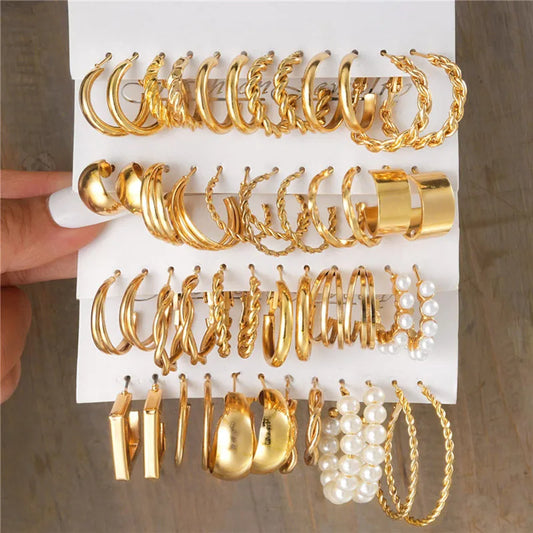 Boho Big Circle Hoop Earring Set for Women, Gold Color Bohemia Vintage Pearl Earring, Heart Zircon Ear Studs Jewelry Gifts SuperFye E03066 SuperFye