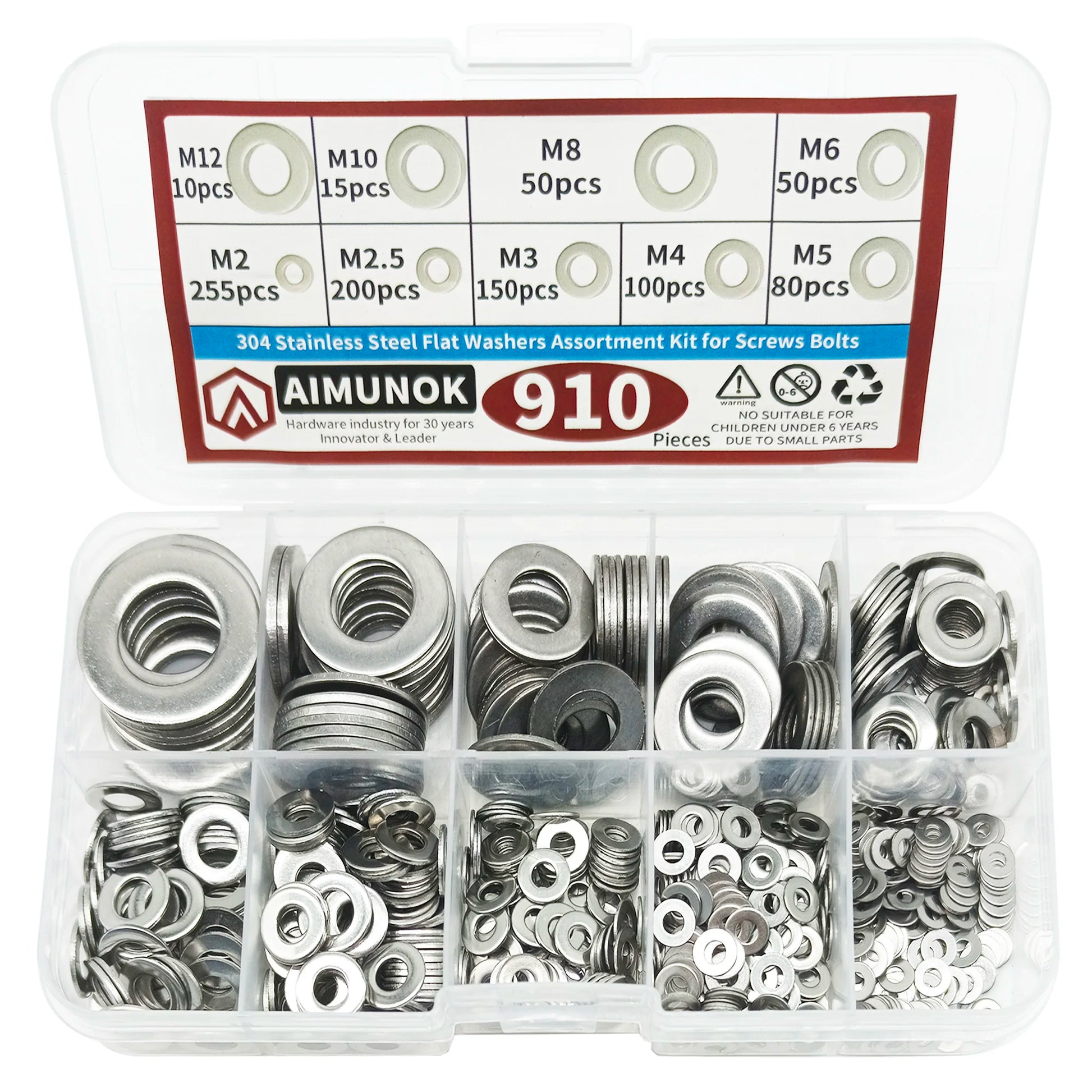 910/200pcs 304 Stainless Steel Flat Washers Assortment Kit (M2 M2.5 M3 M4 M5 M6 M8 M10 M12) Suitable for Home Decoration SuperFye 910pcs Kit SuperFye