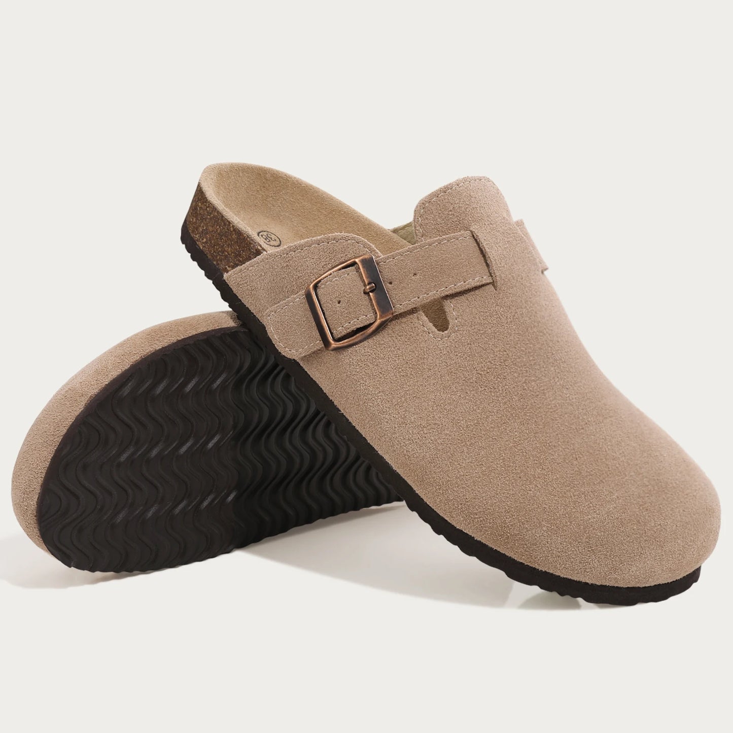 Comwarm Fashion Women's Suede Mules Slippers Men Clogs Cork Insole Sandals With Arch Support Outdoor Beach Slides Home Shoes