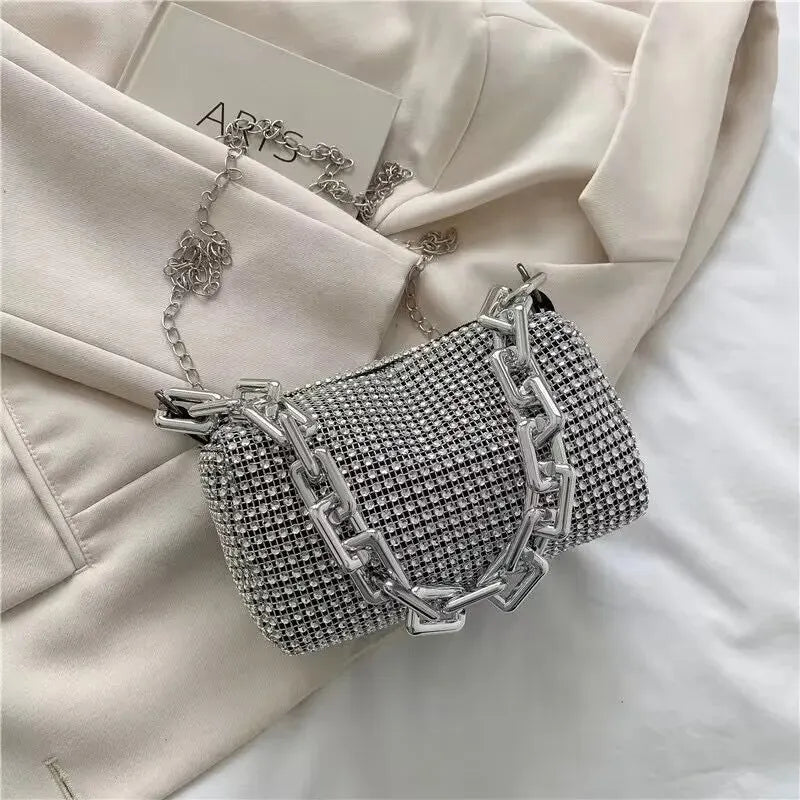 Allover Rhinestone Bucket Bag, Glitter Chain Prom Purse, Women's Mini Crossbody Bag (6.3*3.54) Inch SuperFye Silver SuperFye