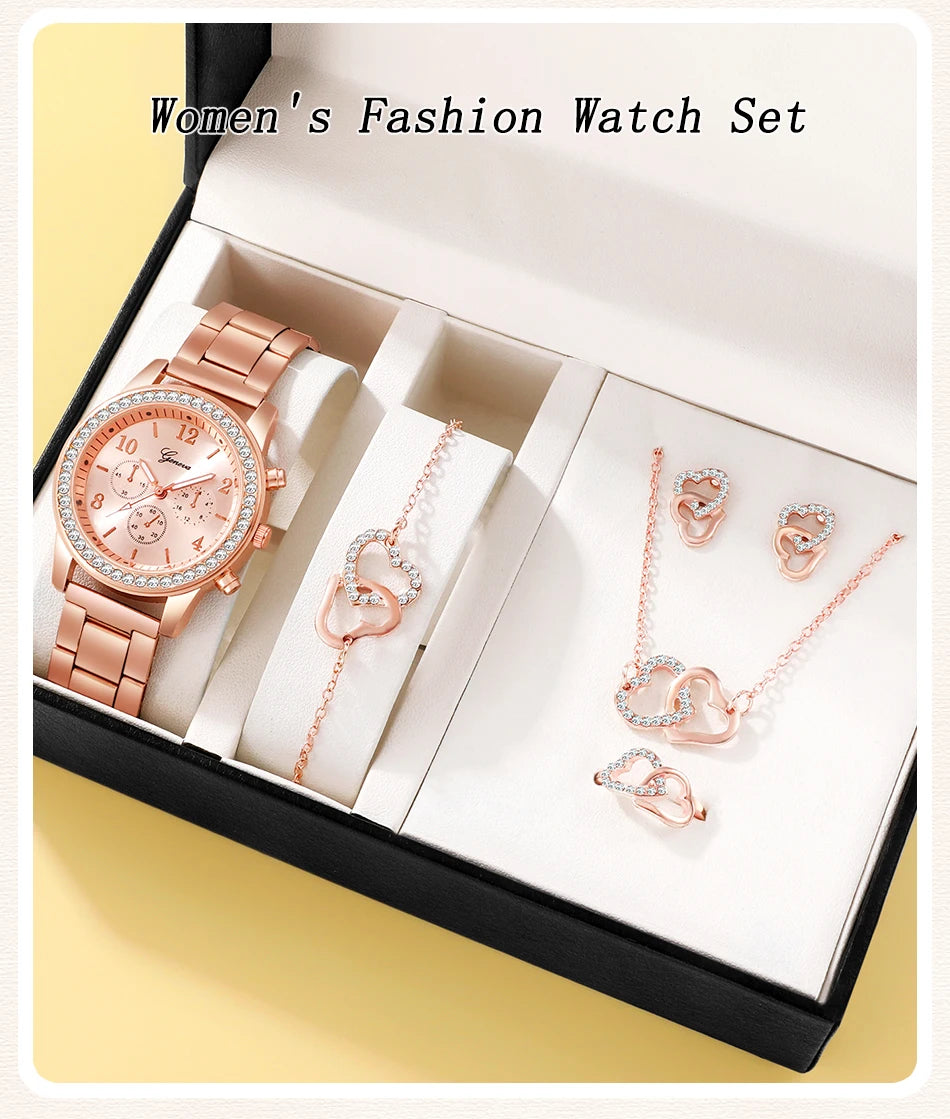 6PCS Set Rose Gold Luxury Watch Women Ring Necklace Earring Rhinestone Fashion Wristwatch Casual Ladies Bracelet Watches SuperFye Gold SuperFye