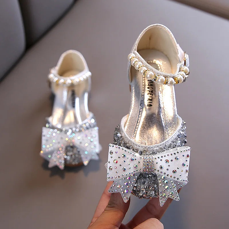 Summer Girls Sandals Fashion Sequins Rhinestone Bow Girls Princess Shoes Baby Girl Shoes Flat Heel Sandals Size 21-35 SuperFye SHF005 Silver / CN 32 insole 19.7cm SuperFye