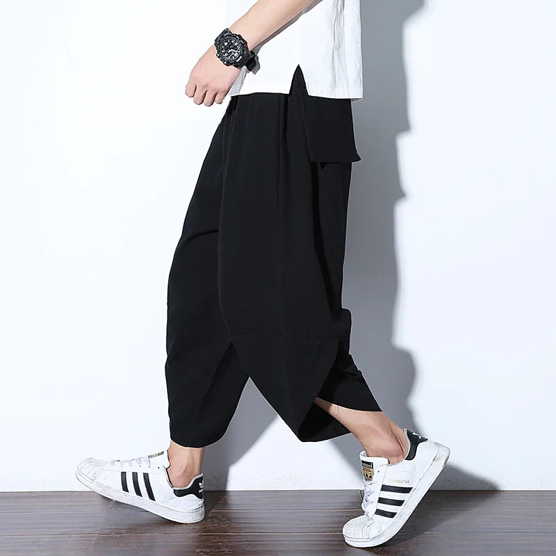 Harajuku Summer Loose Calf Length Casual Pants Men Wide Leg Cotton Linen Printing Baggy Pants Oversize Men's Trousers