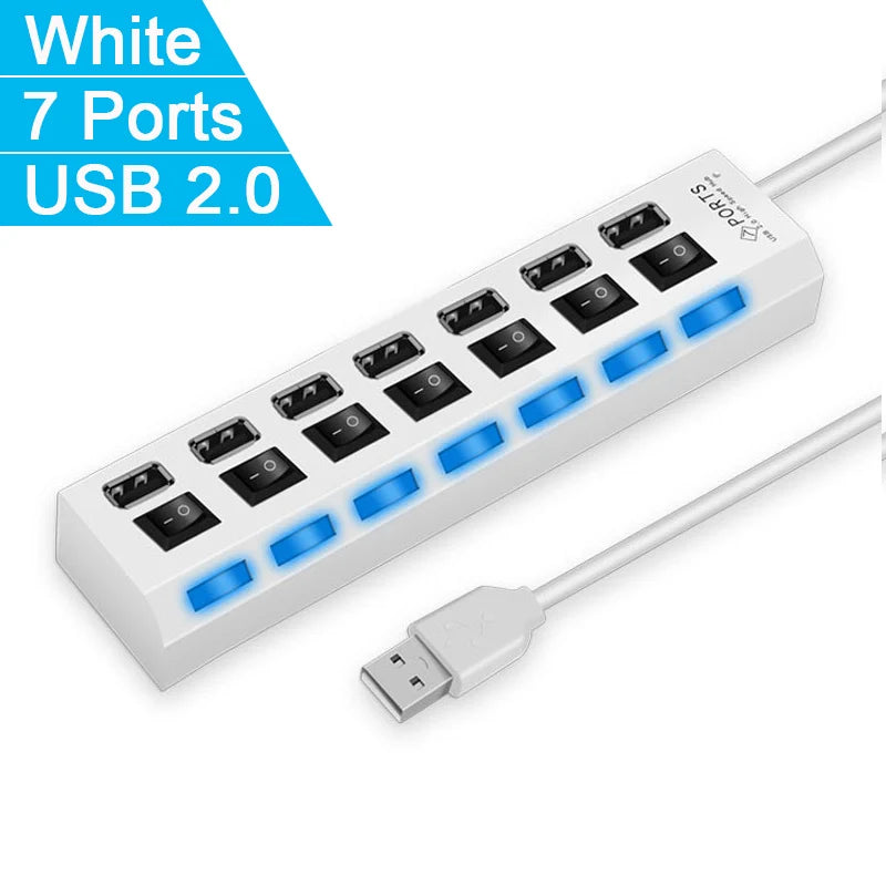 High Speed 4/7 Ports USB HUB 2.0 Adapter Expander Multi USB Splitter Multiple Extender with LED Lamp Switch for PC Laptop SuperFye 7 Ports White SuperFye