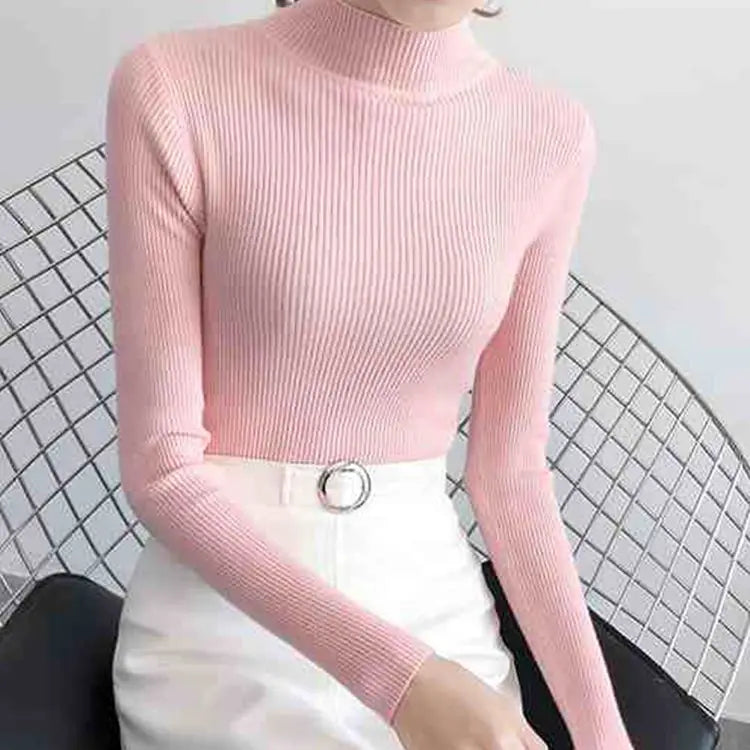 Autumn Winter Mock Neck Women Sweater Vintage Basic Solid Knitted Tops Casual Slim Pullover Korean Sweaters Simple Chic Jumpers SuperFye Pink / One Size SuperFye