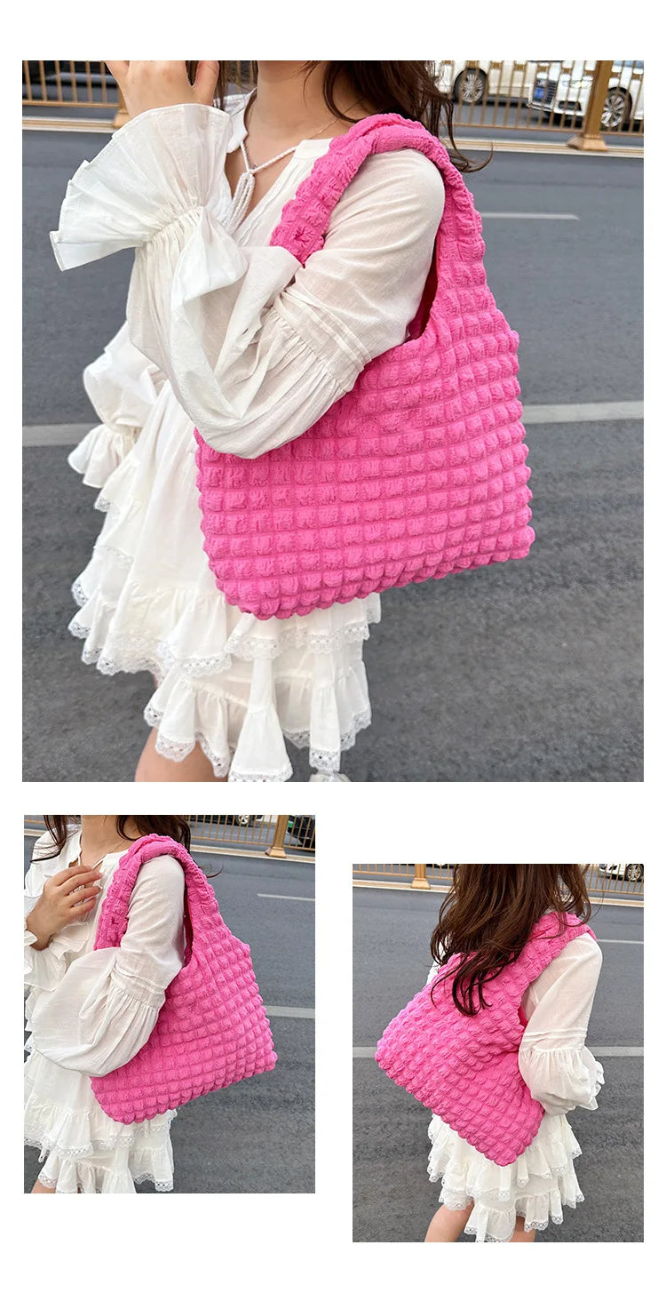 Crossbody Bag With Pleated Design Embroidered Plaid Shoulder Bag Underarm Bags Simple Large Capacity Quilted Tote Bags For Women