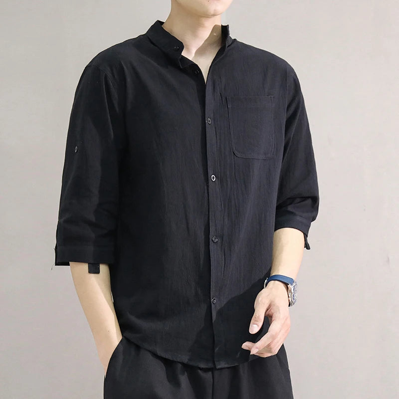 Spring and Summer Stand Collar Five-point Mid-sleeve Fashionable Men's Short-sleeved Shirt Seven-point Sleeve Large Size Men's SuperFye black / 5XL SuperFye