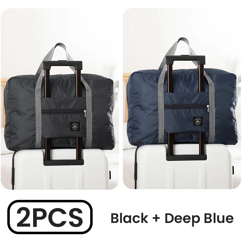 2 Pack Foldable Travel Duffel Bag for Airlines Carry on Bag Weekender Overnight Hospital Tote Bag Gym Duffel Bag Women Men SuperFye Black and Deep Blue SuperFye