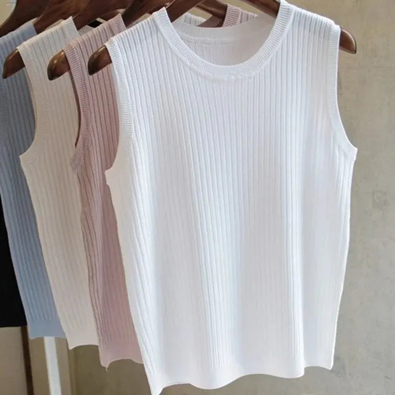 1pcs Summer New Fashion Knitted Vests O-neck Sleeveless Casual Thin Tops SuperFye One Size / WHITE SuperFye