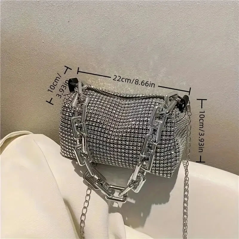 Allover Rhinestone Bucket Bag, Glitter Chain Prom Purse, Women's Mini Crossbody Bag (6.3*3.54) Inch SuperFye Silver SuperFye