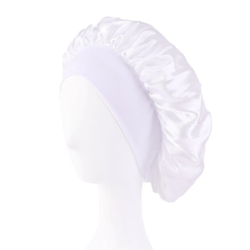 New Women's Satin Solid Wide-brimmed Sleeping Hat Unisex Head Wrap Elastic Band Cap Hair Care Bonnet Night Hat bonnet de nuit SuperFye WHITE SuperFye