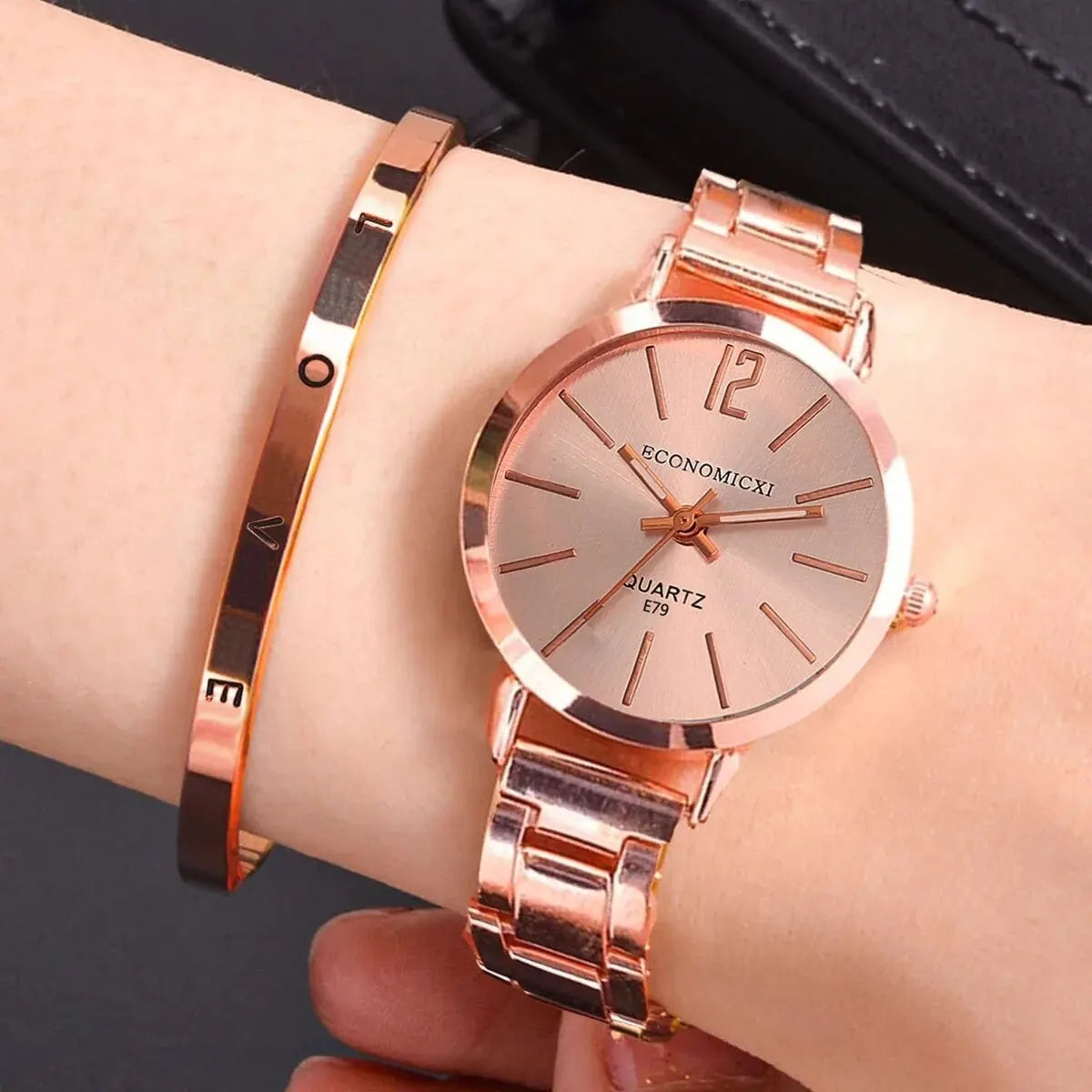 2pcs Set Watch Luxury Women Simple Dial Hollow Strap Fashion Gold Bracelet Quartz Wristwatch Student Ladies Watches Reloj Mujer SuperFye Rose SuperFye