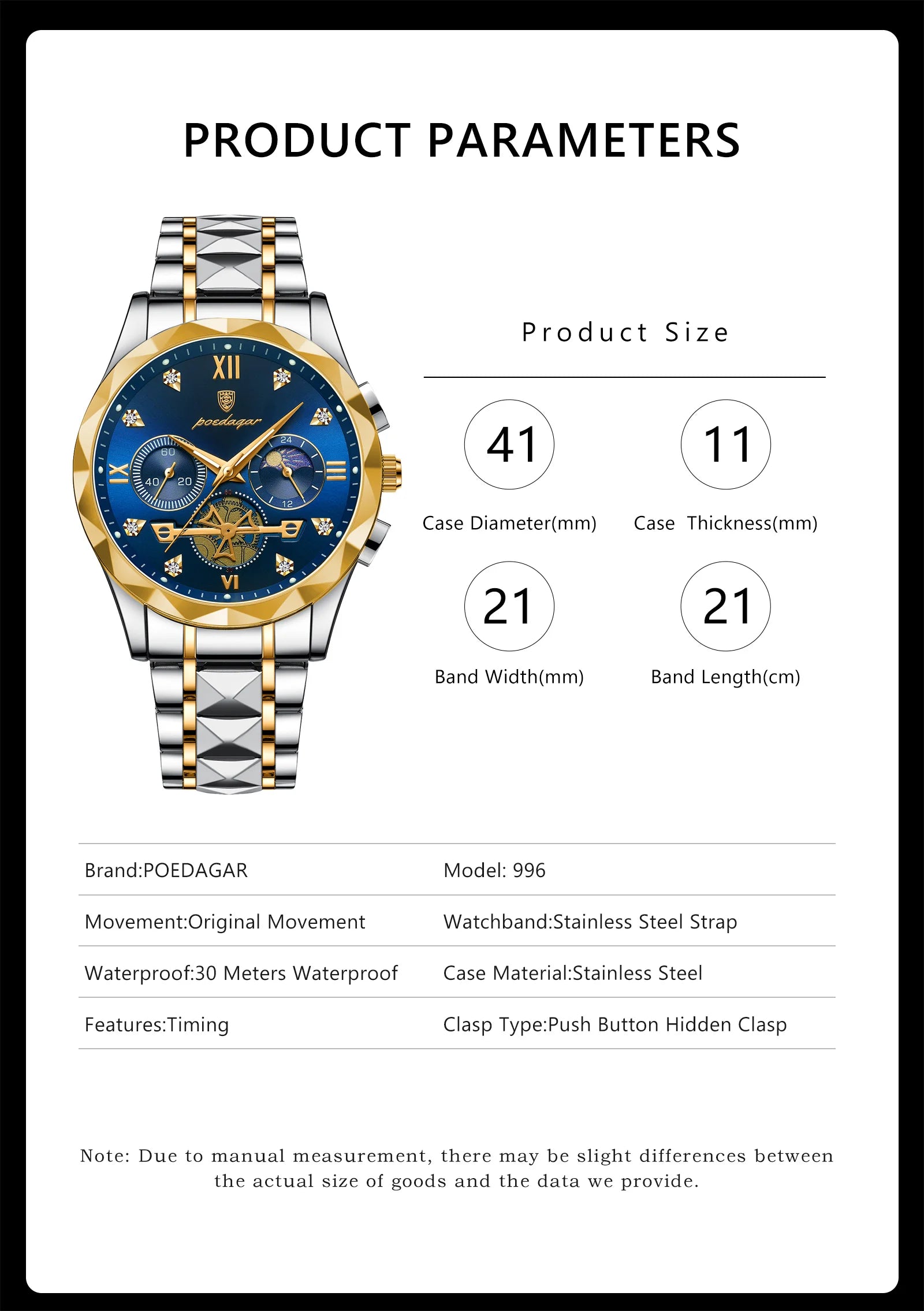 POEDAGAR Luxury Man Wristwatch Waterproof Luminous Chronograph Watch for Men Stainless Steel Men's Quartz Watches reloj hombre SuperFye Gold Blue SuperFye