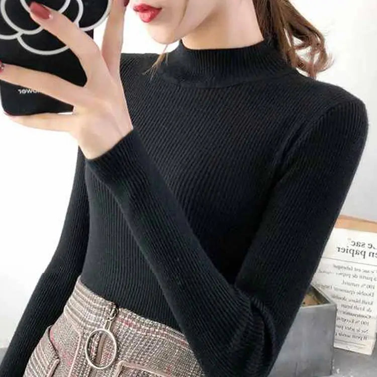 Autumn Winter Mock Neck Women Sweater Vintage Basic Solid Knitted Tops Casual Slim Pullover Korean Sweaters Simple Chic Jumpers SuperFye black / One Size SuperFye