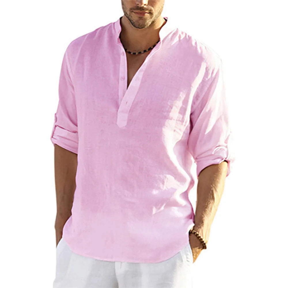 New Men's Casual Blouse Cotton Linen Shirt Loose Tops Long Sleeve Tee Shirt Spring Autumn Casual Handsome Men's Shirts SuperFye Pink / US L 70-80 KG SuperFye