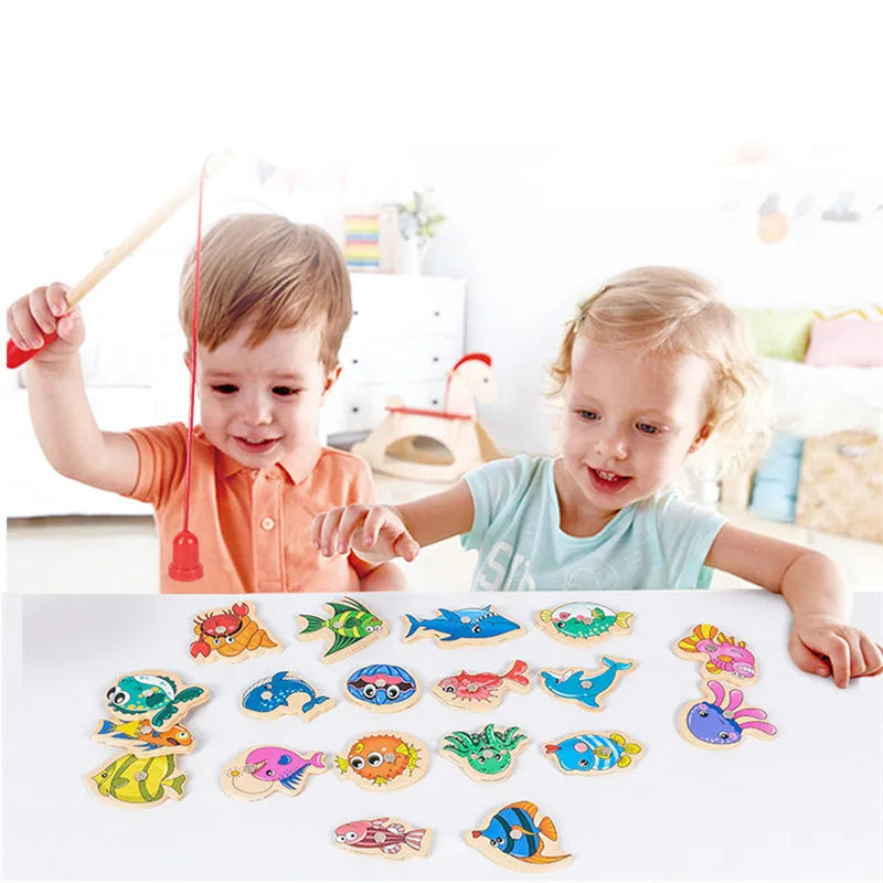 Montessori Wooden Fishing Toys For Children Magnetic Marine Life Cognition Fish Games Parent-Child Interactive Educational Toy SuperFye 31 Fish SuperFye