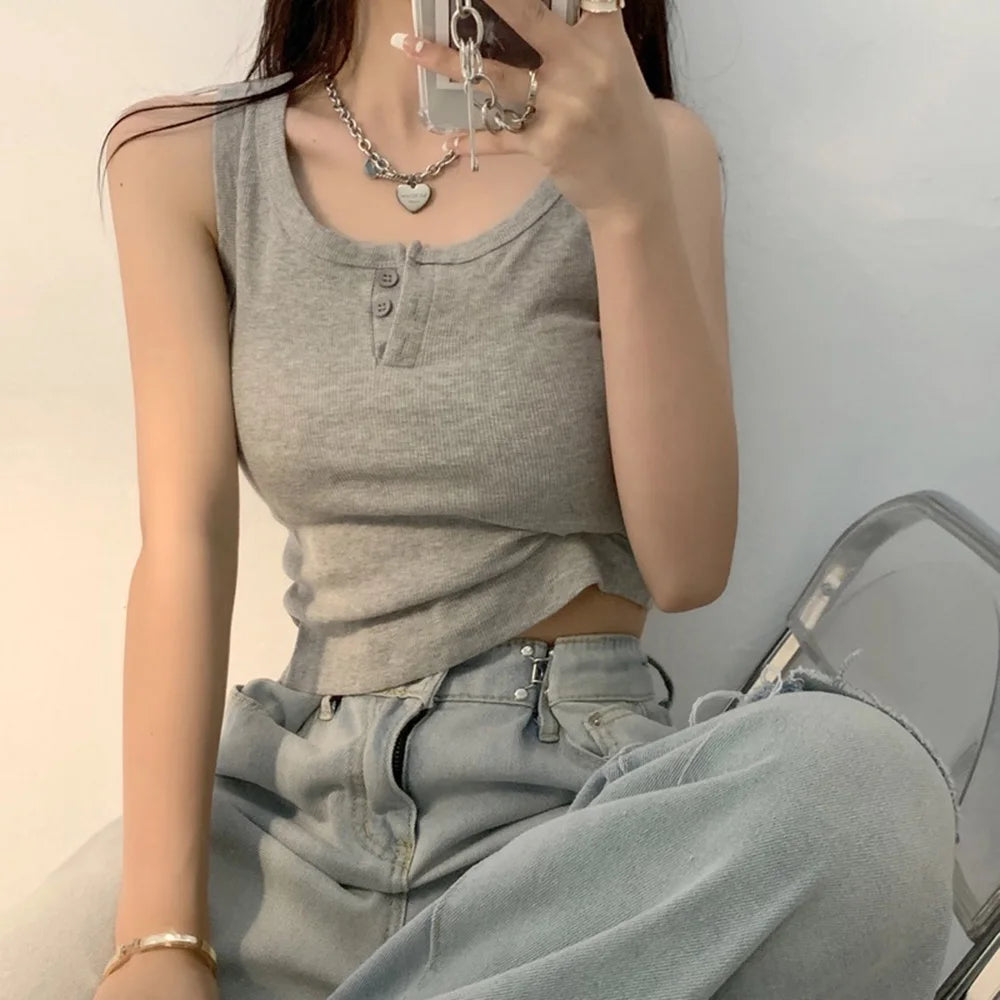 Tank Top for Women Ribbed Button Down Sleeveless Blouse Solid Color Casual Women's Teens Trendy Basic Summer Dresses SuperFye White / L SuperFye