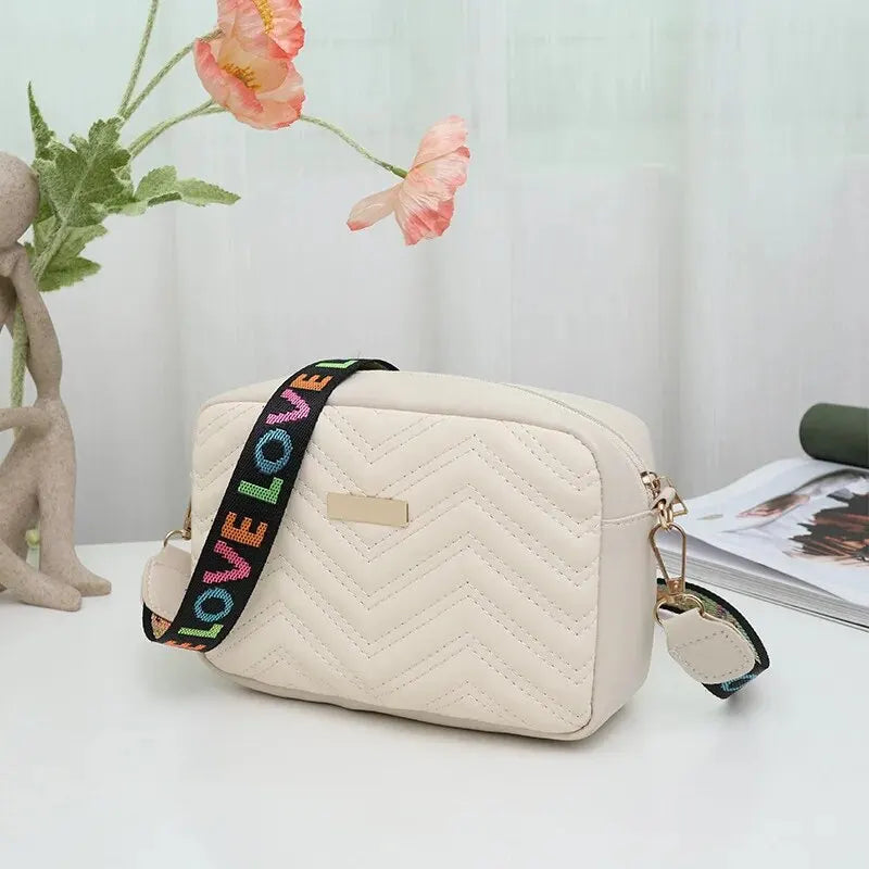 Rilibegan Embroidered Camera Bag PU Material Casual Small Square Bag Versatile Single Shoulder Bag Printed Shoulder Strap SuperFye Beige SuperFye