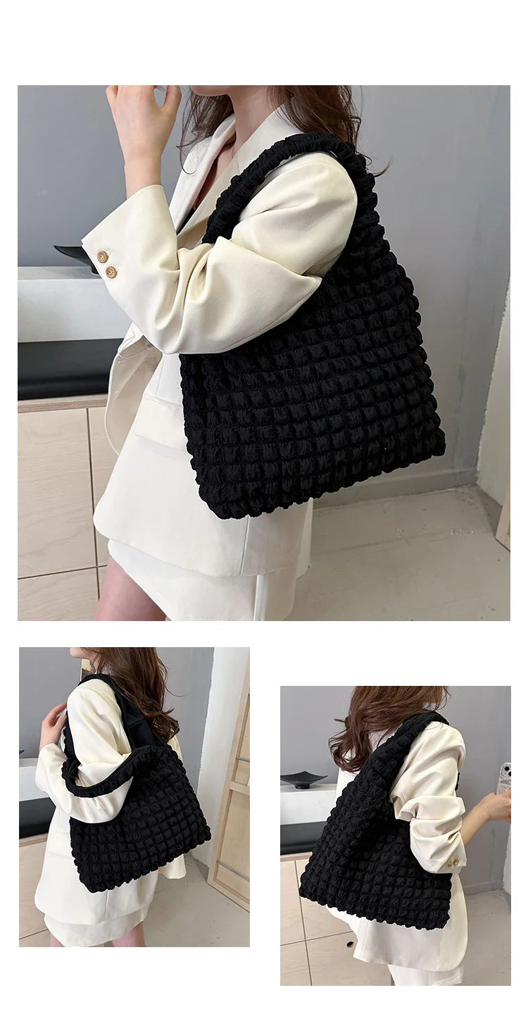 Crossbody Bag With Pleated Design Embroidered Plaid Shoulder Bag Underarm Bags Simple Large Capacity Quilted Tote Bags For Women