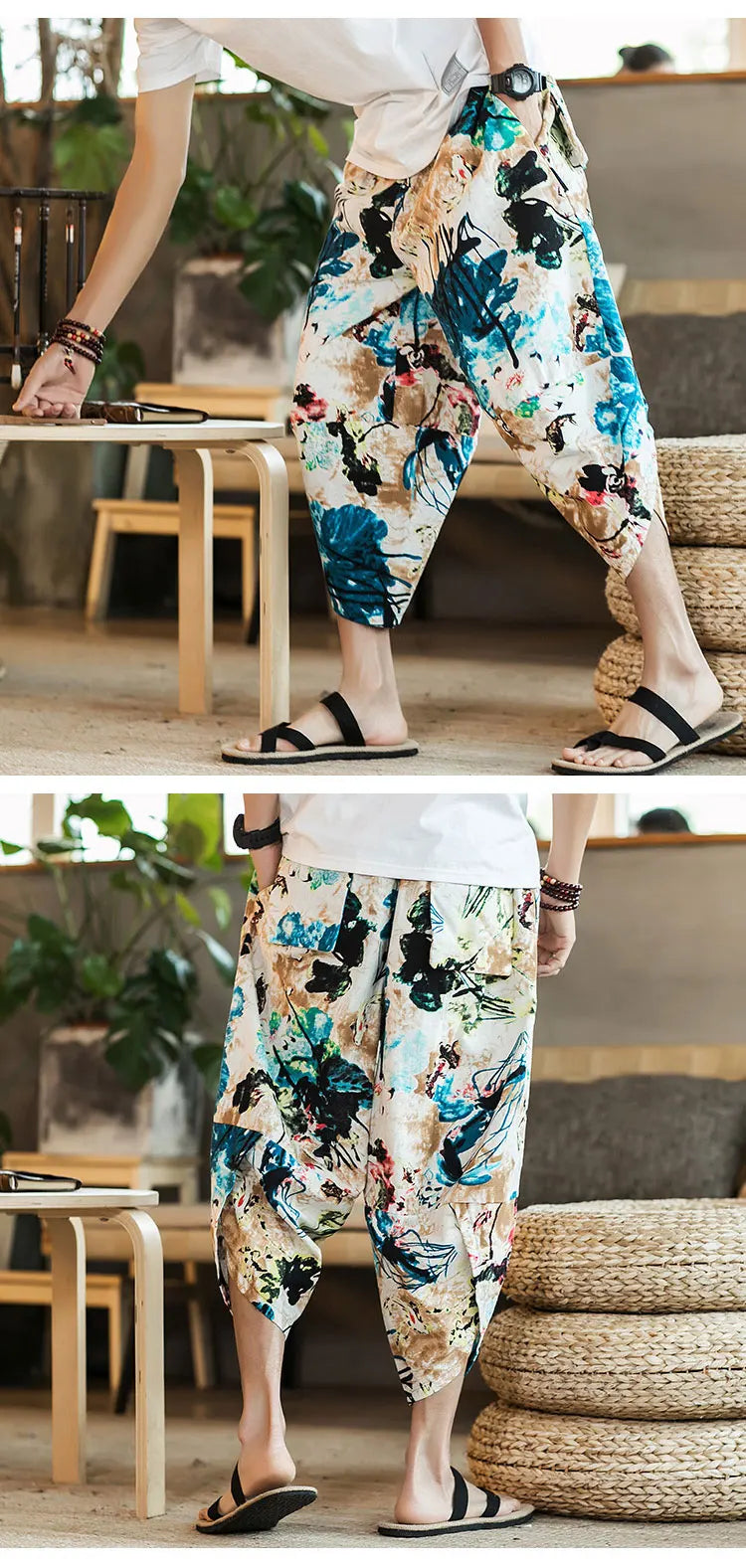 Harajuku Summer Loose Calf Length Casual Pants Men Wide Leg Cotton Linen Printing Baggy Pants Oversize Men's Trousers SuperFye Model G / Chinese Size XXXL SuperFye