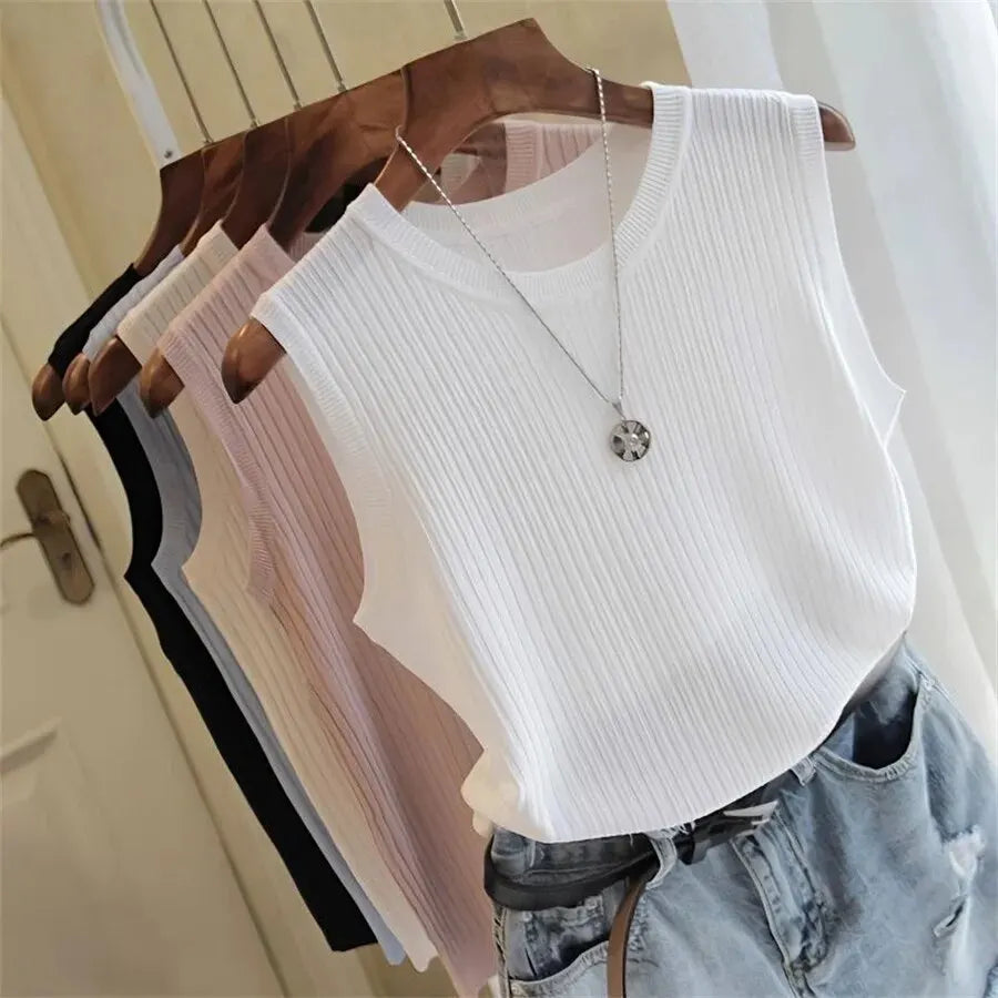 1pcs Summer New Fashion Knitted Vests O-neck Sleeveless Casual Thin Tops SuperFye One Size / WHITE SuperFye