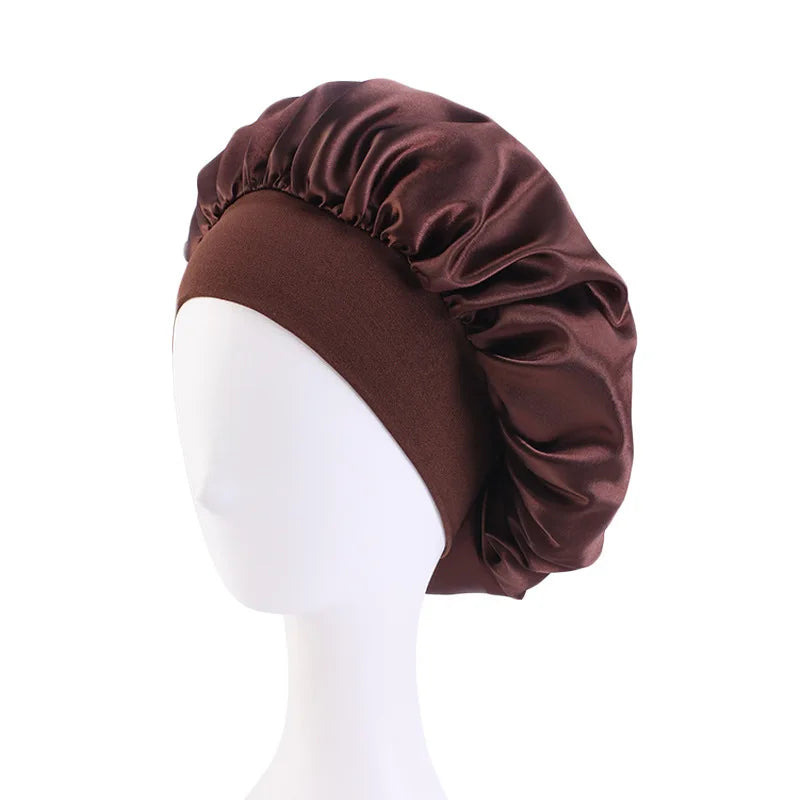 New Women's Satin Solid Wide-brimmed Sleeping Hat Unisex Head Wrap Elastic Band Cap Hair Care Bonnet Night Hat bonnet de nuit SuperFye Dark Brown SuperFye