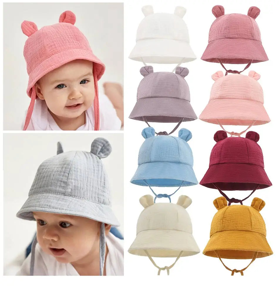 Soft Cotton Baby Sun Hat With Ears Cute Bunny Newborn Boys Girls Bucket Hat Summer Kids Toddler Panama Cap 0 to 12 Months SuperFye Light Yellow / One Size SuperFye