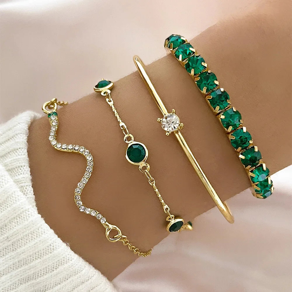 4Pcs/Set Fashion Snake Green Gemstone Bangle Rhinestone Full Metal Bracelet For Women Birthday Party Christmas Gift Jewerly SuperFye SL454-G SuperFye