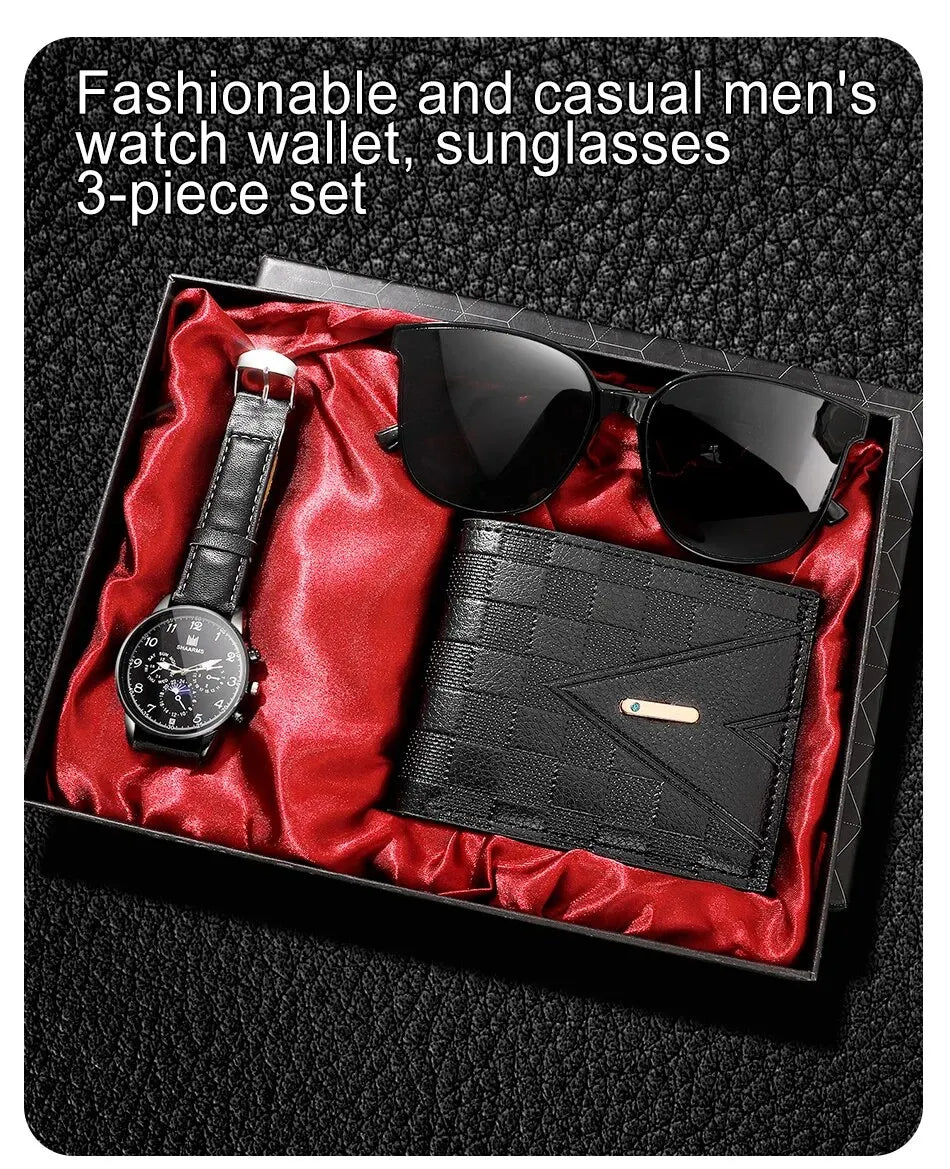 Fashion Mens Watches Wallet Glasses For Men Retro Black Bussiness Quartz Watch Male Casual Watch Relogio Masculino SuperFye Black SuperFye