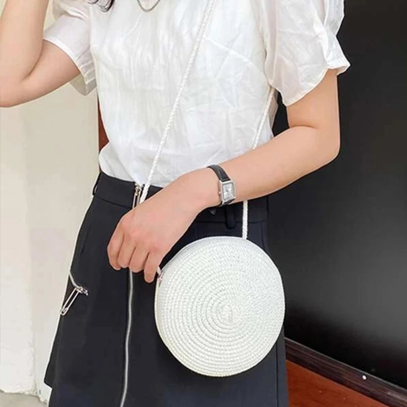 Minimalist Straw Bag Round Crossbody Purse Women Shoulder Vocation Style Handbag