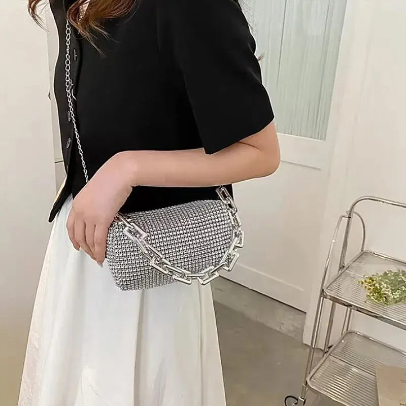 Allover Rhinestone Bucket Bag, Glitter Chain Prom Purse, Women's Mini Crossbody Bag (6.3*3.54) Inch SuperFye Silver SuperFye