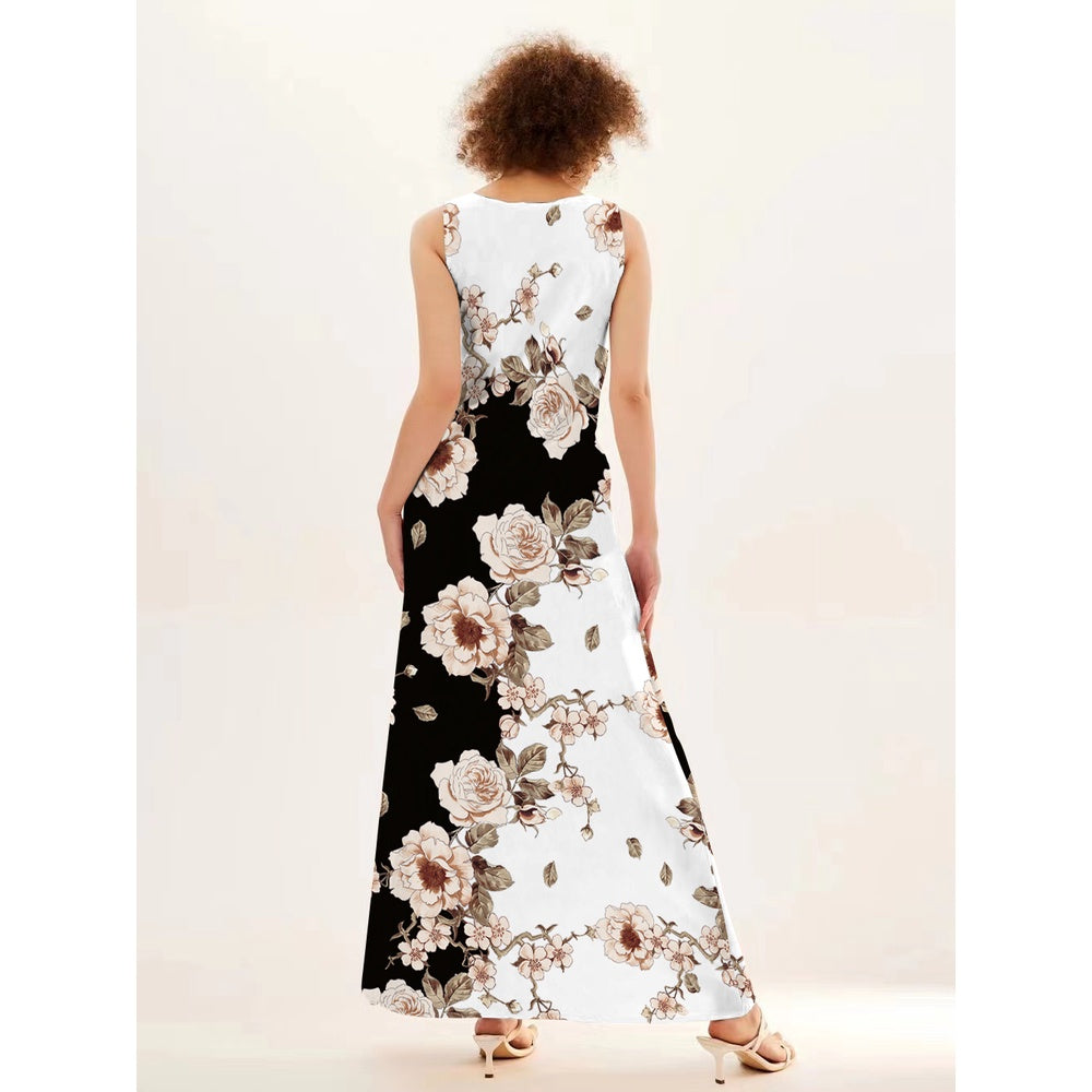 Flower Print New Casual Sleeveless Long Dress Women's V-Neck Printed Dress Swing Bohemian Retro Dresses