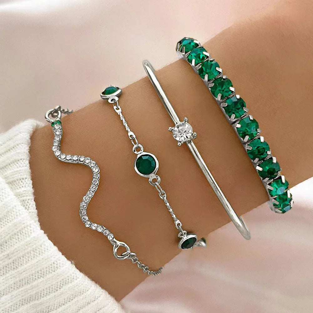 4Pcs/Set Fashion Snake Green Gemstone Bangle Rhinestone Full Metal Bracelet For Women Birthday Party Christmas Gift Jewerly SuperFye SL112 SuperFye