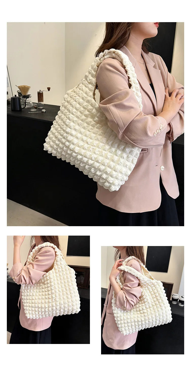 Crossbody Bag With Pleated Design Embroidered Plaid Shoulder Bag Underarm Bags Simple Large Capacity Quilted Tote Bags For Women