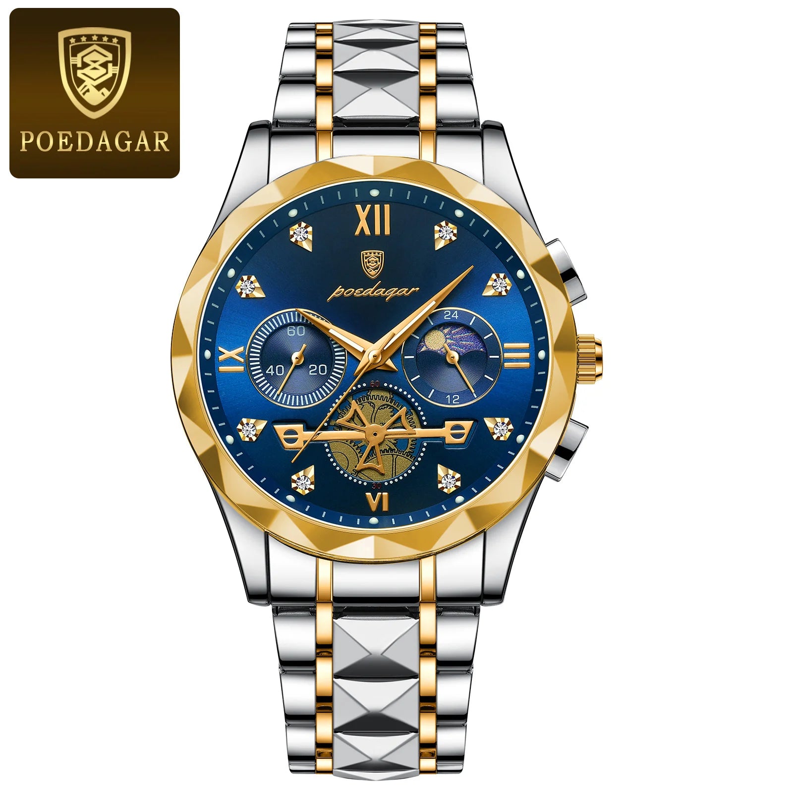 POEDAGAR Luxury Man Wristwatch Waterproof Luminous Chronograph Watch for Men Stainless Steel Men's Quartz Watches reloj hombre SuperFye Gold Blue SuperFye