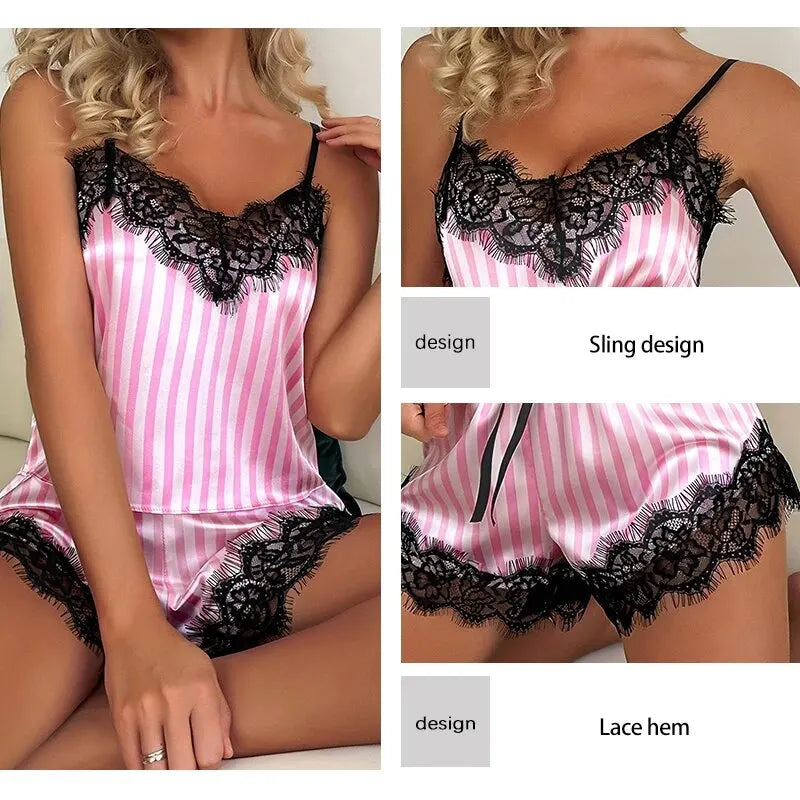 Two Piece Women's V-Neck Sexy Lace Suspender Pajama Shorts Set Casual Women's Sleeveless Sexy Pajama Set SuperFye Pink / L SuperFye