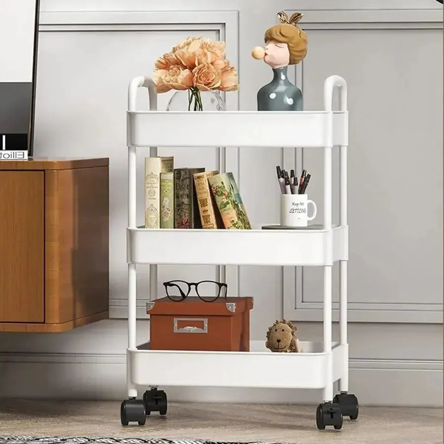 Household Multi-layer Small Cart Storage Rack Floor To Floor Kitchen Bedroom Bathroom Storage Rack Storage Rack With Wheels SuperFye White SuperFye