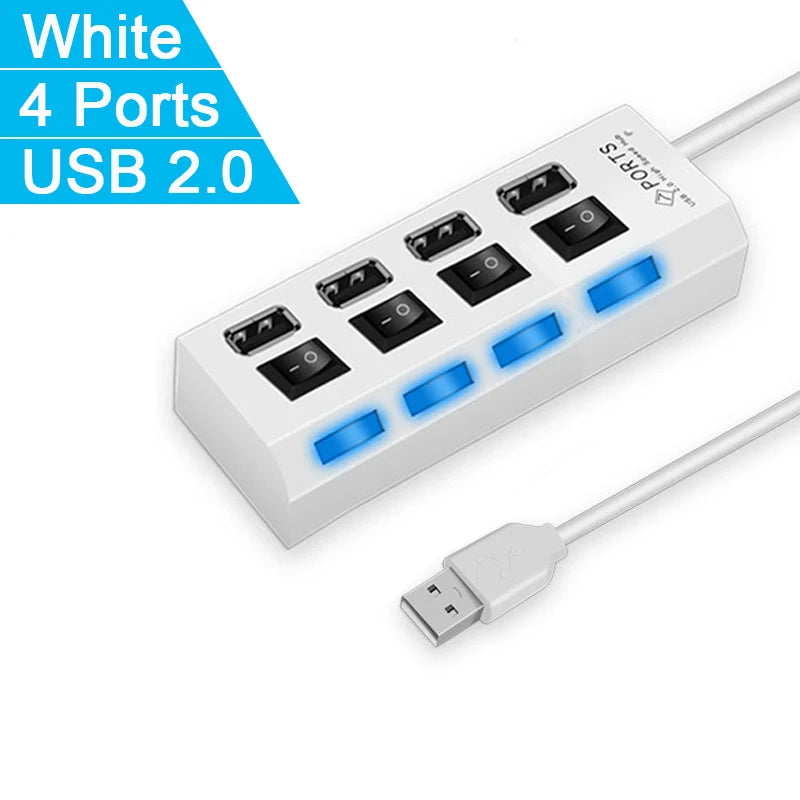 High Speed 4/7 Ports USB HUB 2.0 Adapter Expander Multi USB Splitter Multiple Extender with LED Lamp Switch for PC Laptop SuperFye 4 Ports White SuperFye