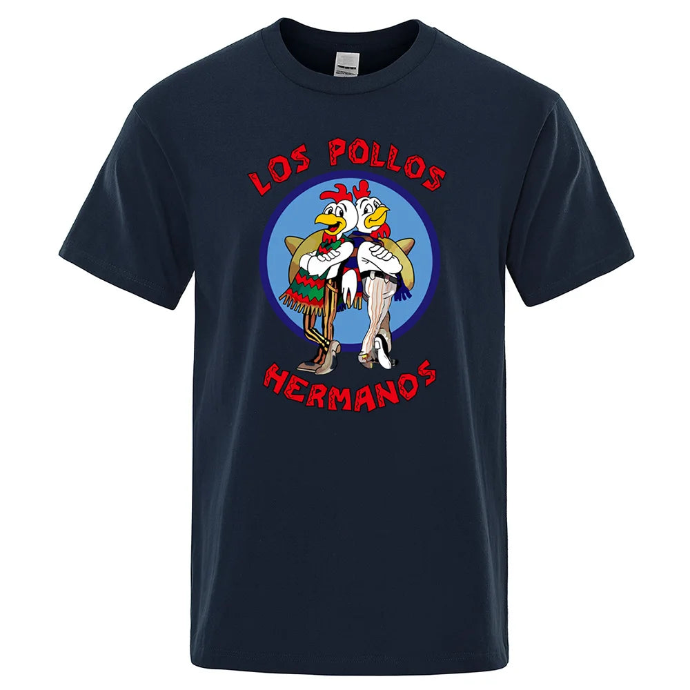 LOS POLLOS Hermanos Funny Printed T-Shirt Men Fashion Casual Short Sleeves Summer Cotton Breathable Tshirt Chicken Brothers Tee SuperFye Dark Blue / L SuperFye