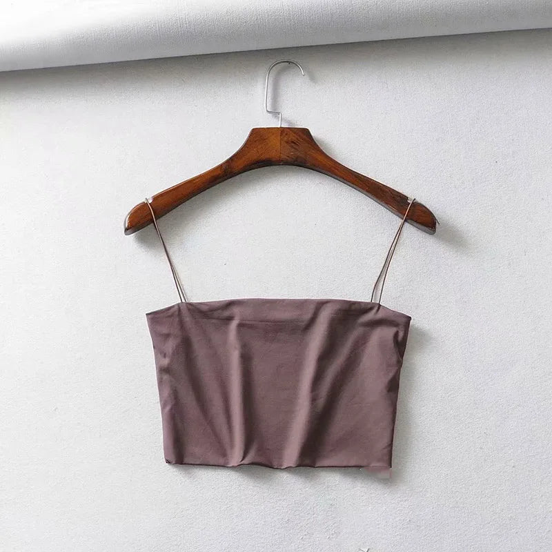 2022 Summer Women's Crop Top Sexy Elastic Cotton Camis sleeveless Short Tank Top Bar SuperFye Brown / S SuperFye