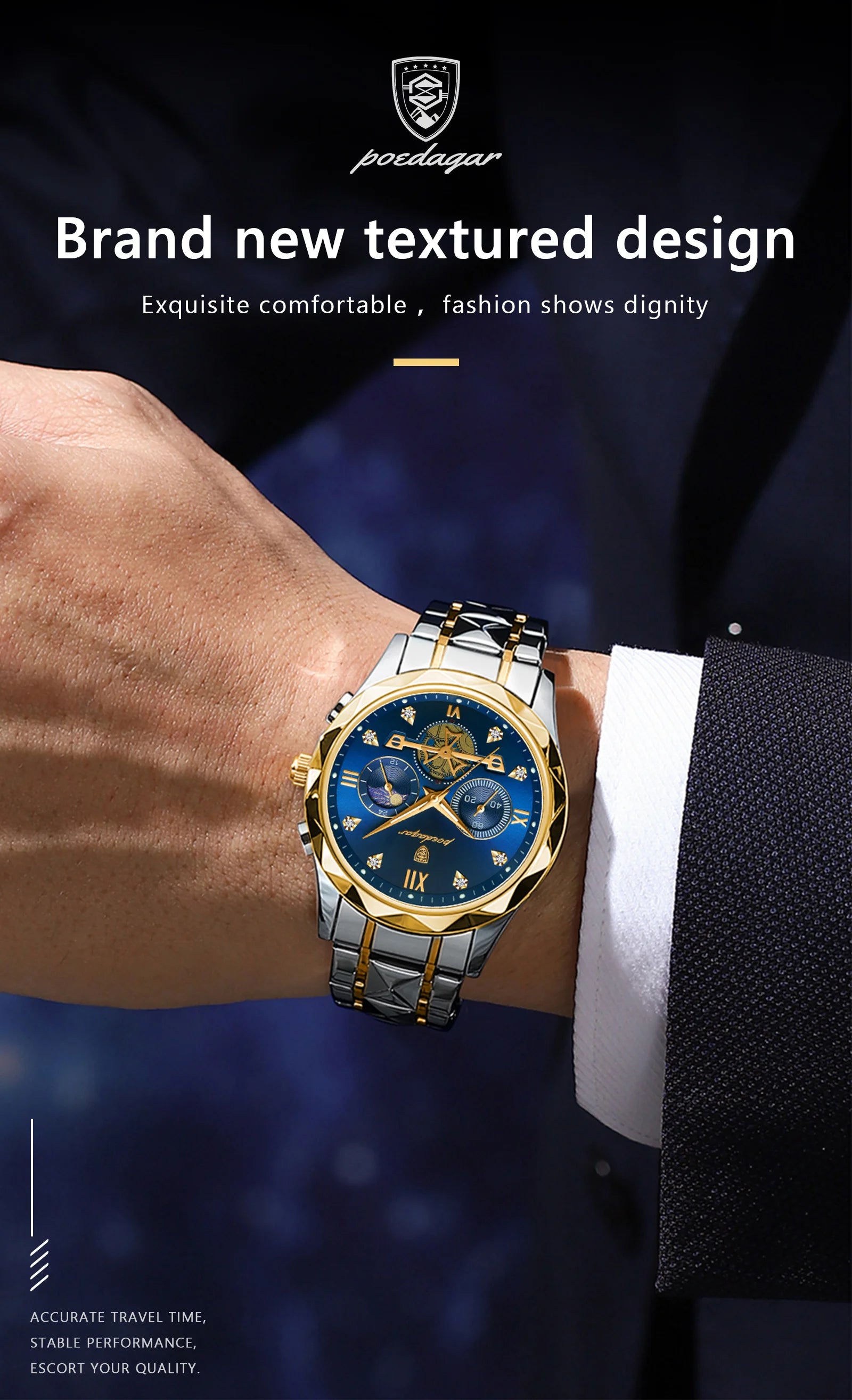 POEDAGAR Luxury Man Wristwatch Waterproof Luminous Chronograph Watch for Men Stainless Steel Men's Quartz Watches reloj hombre SuperFye Gold Blue SuperFye