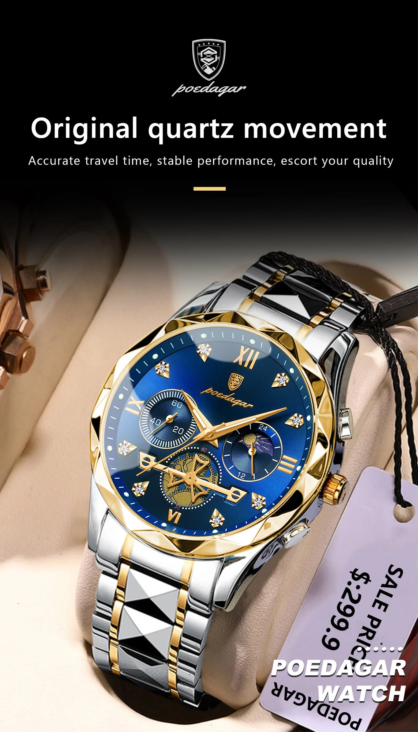 POEDAGAR Luxury Man Wristwatch Waterproof Luminous Chronograph Watch for Men Stainless Steel Men's Quartz Watches reloj hombre SuperFye Gold Blue SuperFye