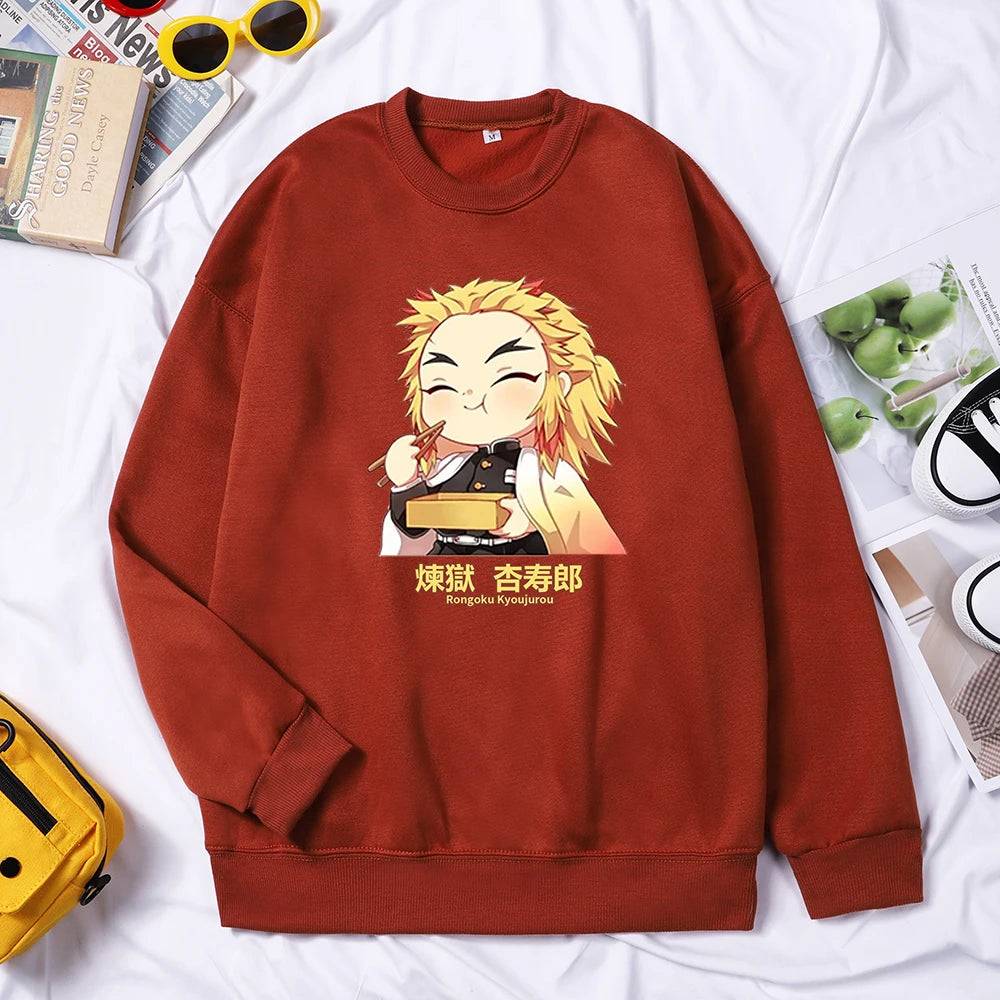 Demon Slayer Anime Rengoku Kyoujurou Women Sweater Autumn Trendy Hoody Crewneck Fleece Pullover Simple Loose Female Sweatshirt