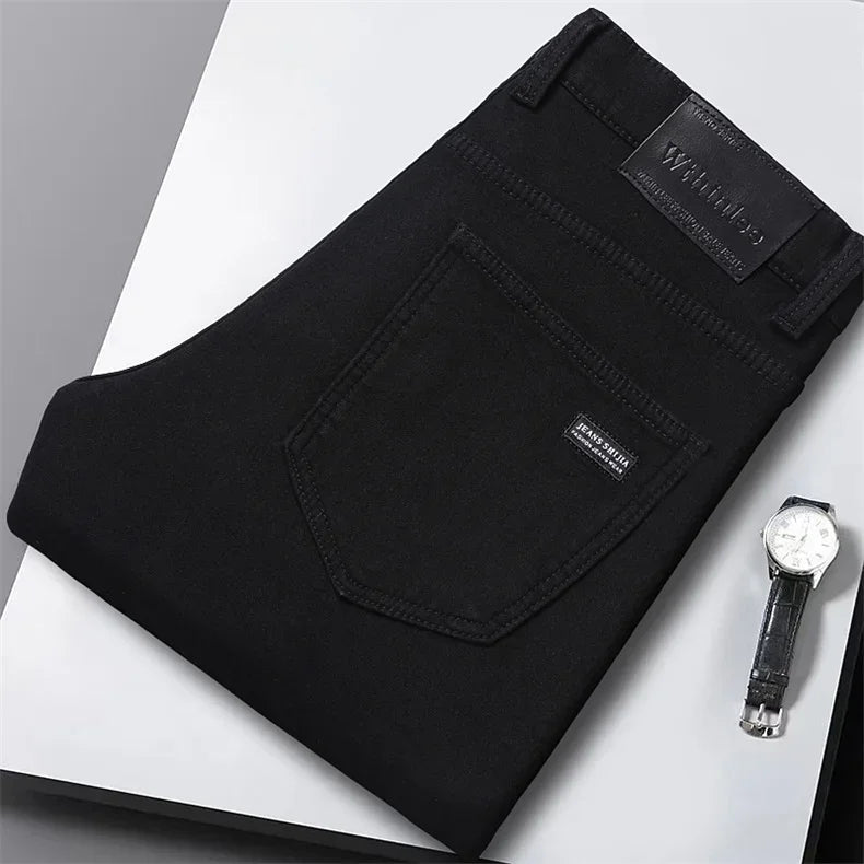 WTHINLEE Winter Men Black Straight Stretch Denim Thick Velvet Pants Warm Jeans Casual Fleece Line Trousers Male Plus Size