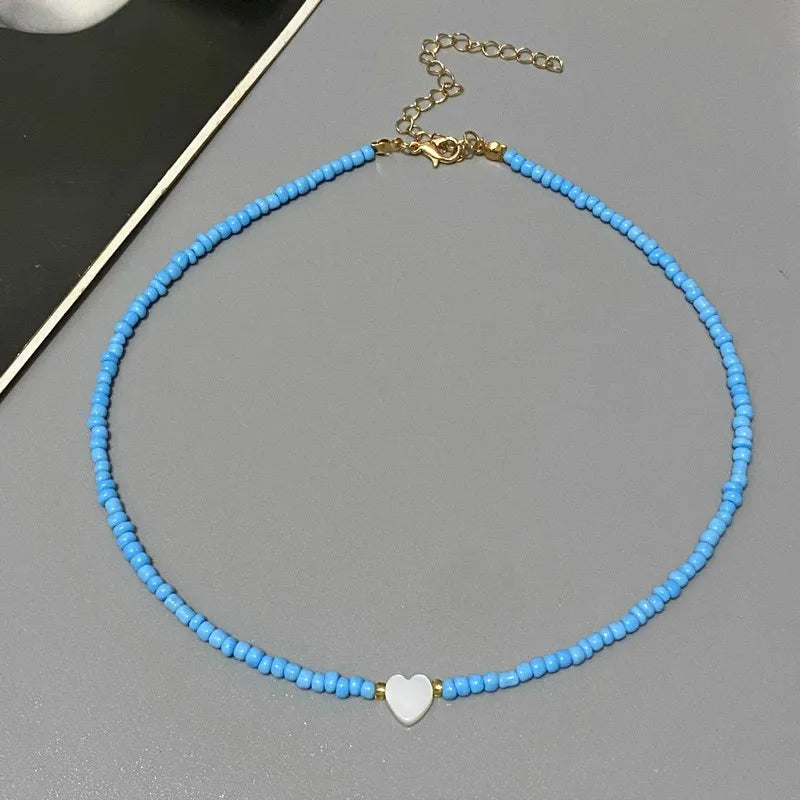 New Nature Shell Love Heart Choker Necklace for Girl Spring Summer Fashion Small Colorful Glass Beads Necklace Gift for Friend SuperFye G SuperFye