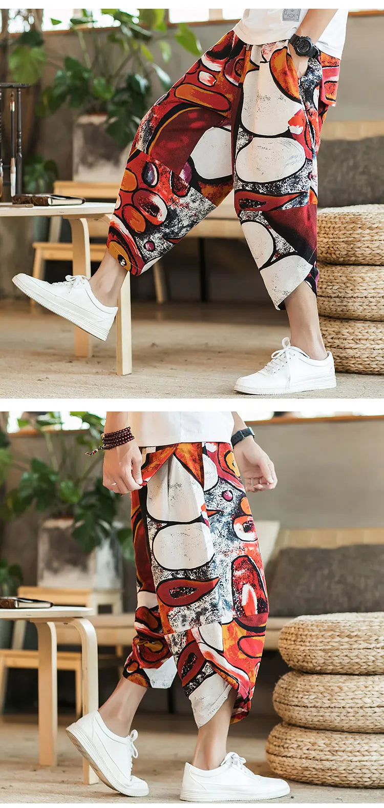 Harajuku Summer Loose Calf Length Casual Pants Men Wide Leg Cotton Linen Printing Baggy Pants Oversize Men's Trousers SuperFye Model G / Chinese Size XXXL SuperFye