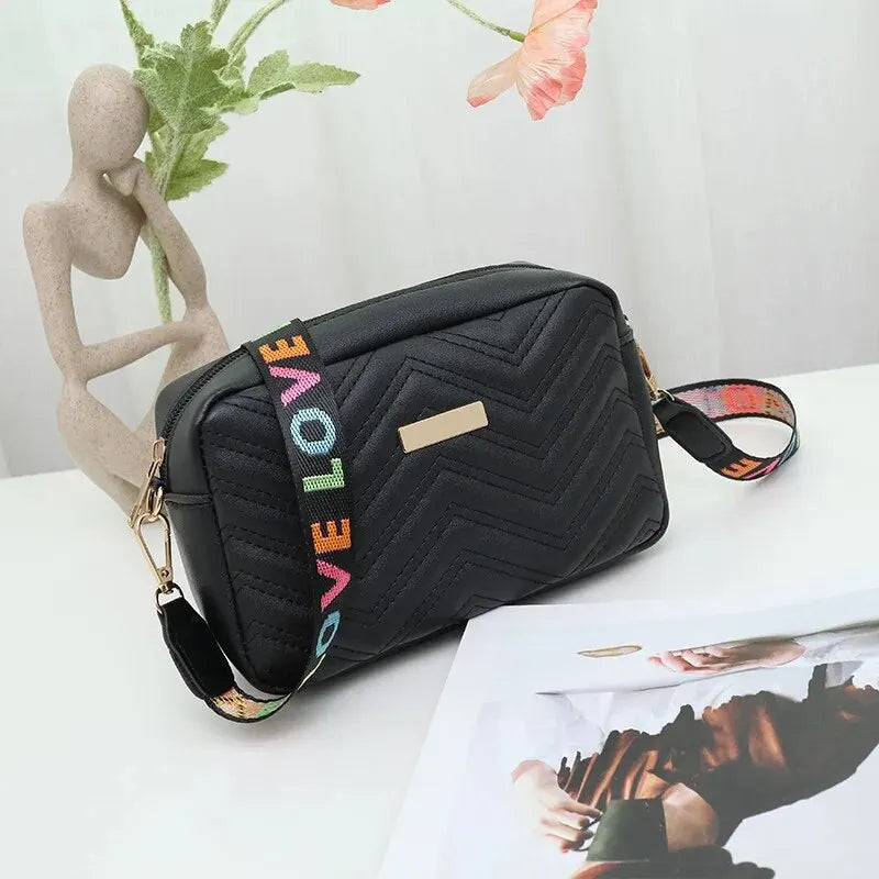 Rilibegan Embroidered Camera Bag PU Material Casual Small Square Bag Versatile Single Shoulder Bag Printed Shoulder Strap SuperFye black SuperFye