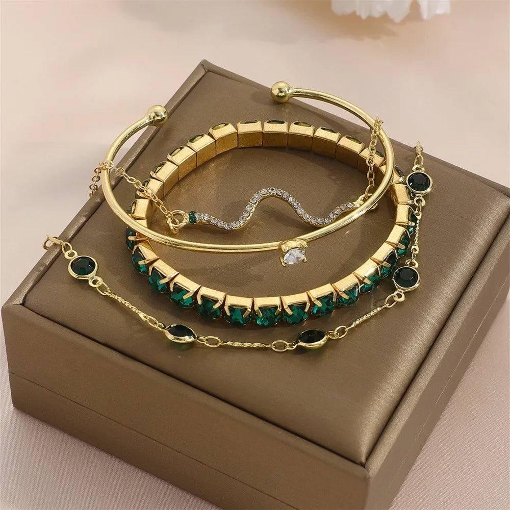 4Pcs/Set Fashion Snake Green Gemstone Bangle Rhinestone Full Metal Bracelet For Women Birthday Party Christmas Gift Jewerly SuperFye SL112 SuperFye