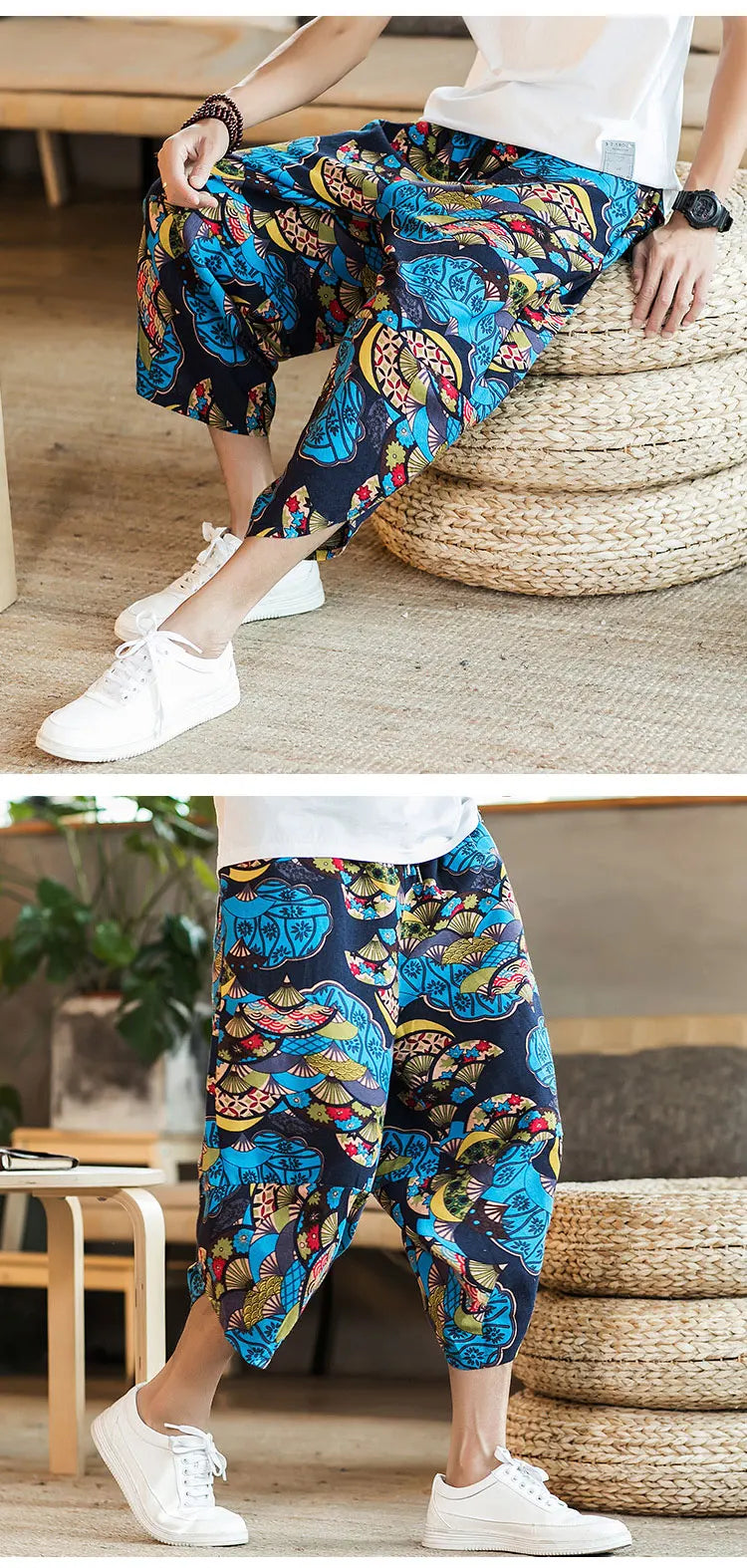 Harajuku Summer Loose Calf Length Casual Pants Men Wide Leg Cotton Linen Printing Baggy Pants Oversize Men's Trousers SuperFye Model G / Chinese Size XXXL SuperFye