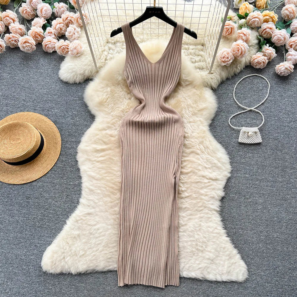 YuooMuoo Chic Fashion Sexy Wrap Hips Split Knitted Autumn Dress Women Slim Elastic Bodycon Long Dress Streetwear Outfits Vestido